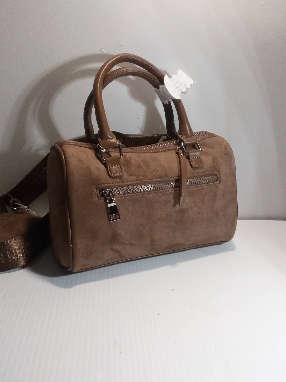 Madden NYC Brown Patchwork Satchel Top Handle, Small, Detachable Strap Zip